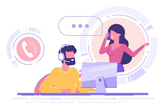 Man with headset is sitting at his computer and  talking with client. Clients assistance, call center, hotline operator, consultant manager, technical support and customer care. Vector illustration.
