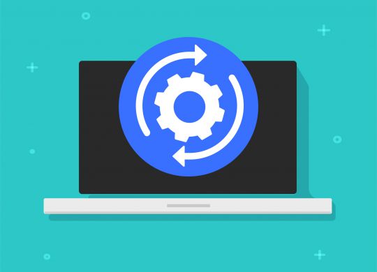 Computer setting process icon vector or flat pc fixing revamp and system configure setup illustration, laptop installing change or hardware customization executing maintenance, repairing cogwheel gear on screen